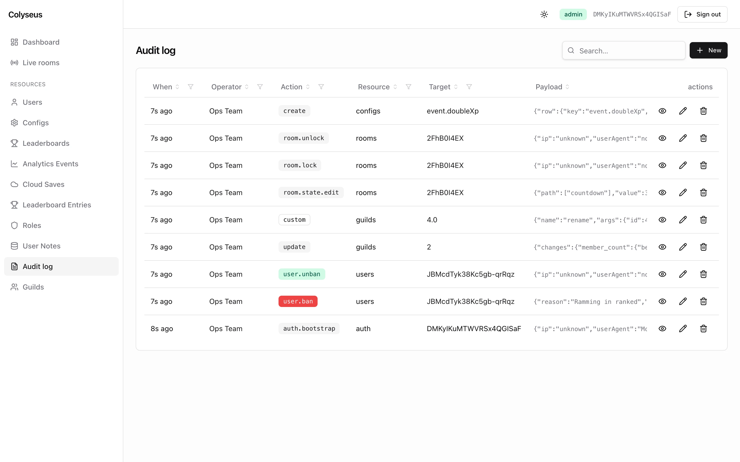 The audit log list with action badges and linked targets