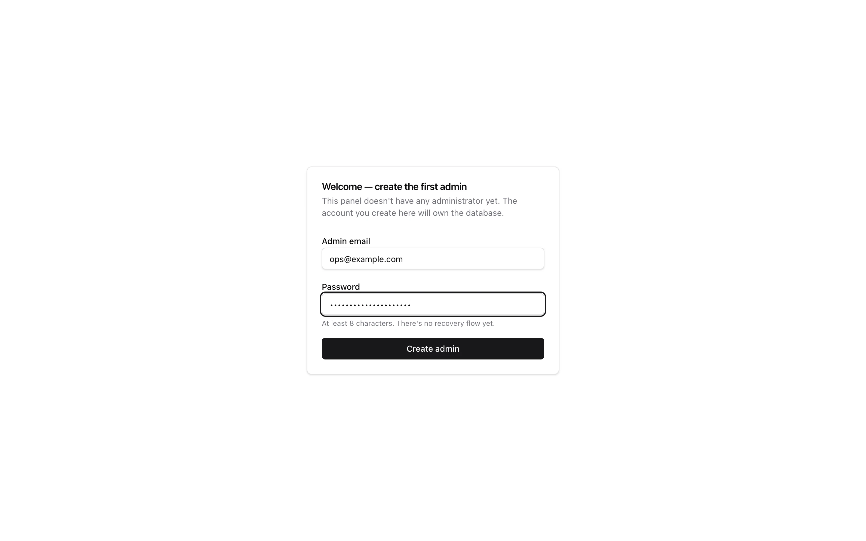 The first-run setup form asking for an email and password