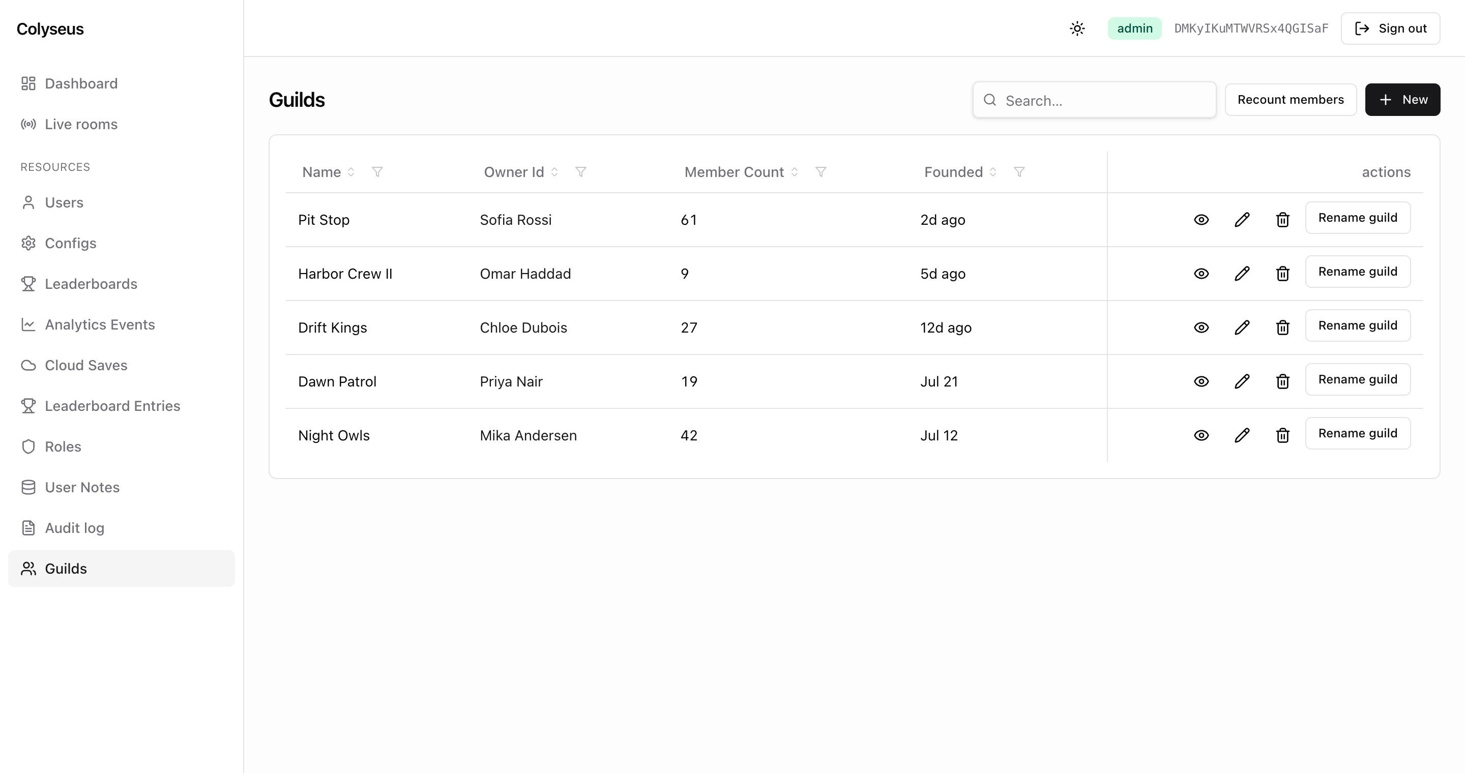 The Guilds resource list with a toolbar action and per-row actions