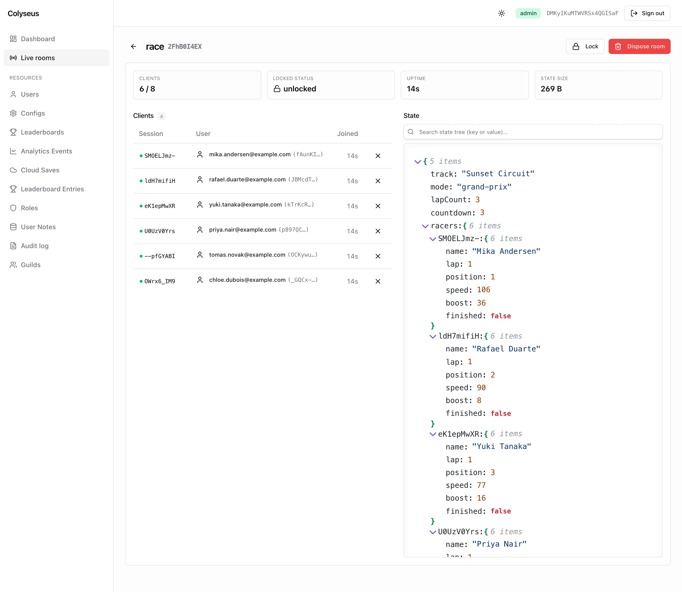 The room inspector: clients with session ids and user emails, the live state tree, and the Lock and Dispose buttons