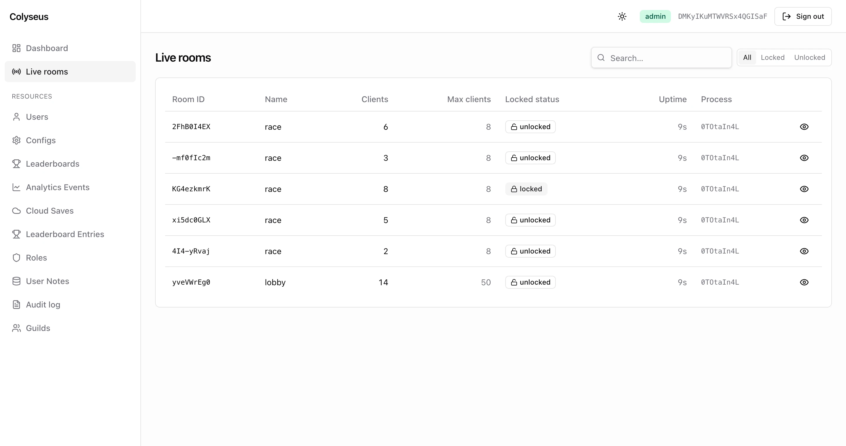 The Live rooms list with search, a locked filter and per-room inspect buttons