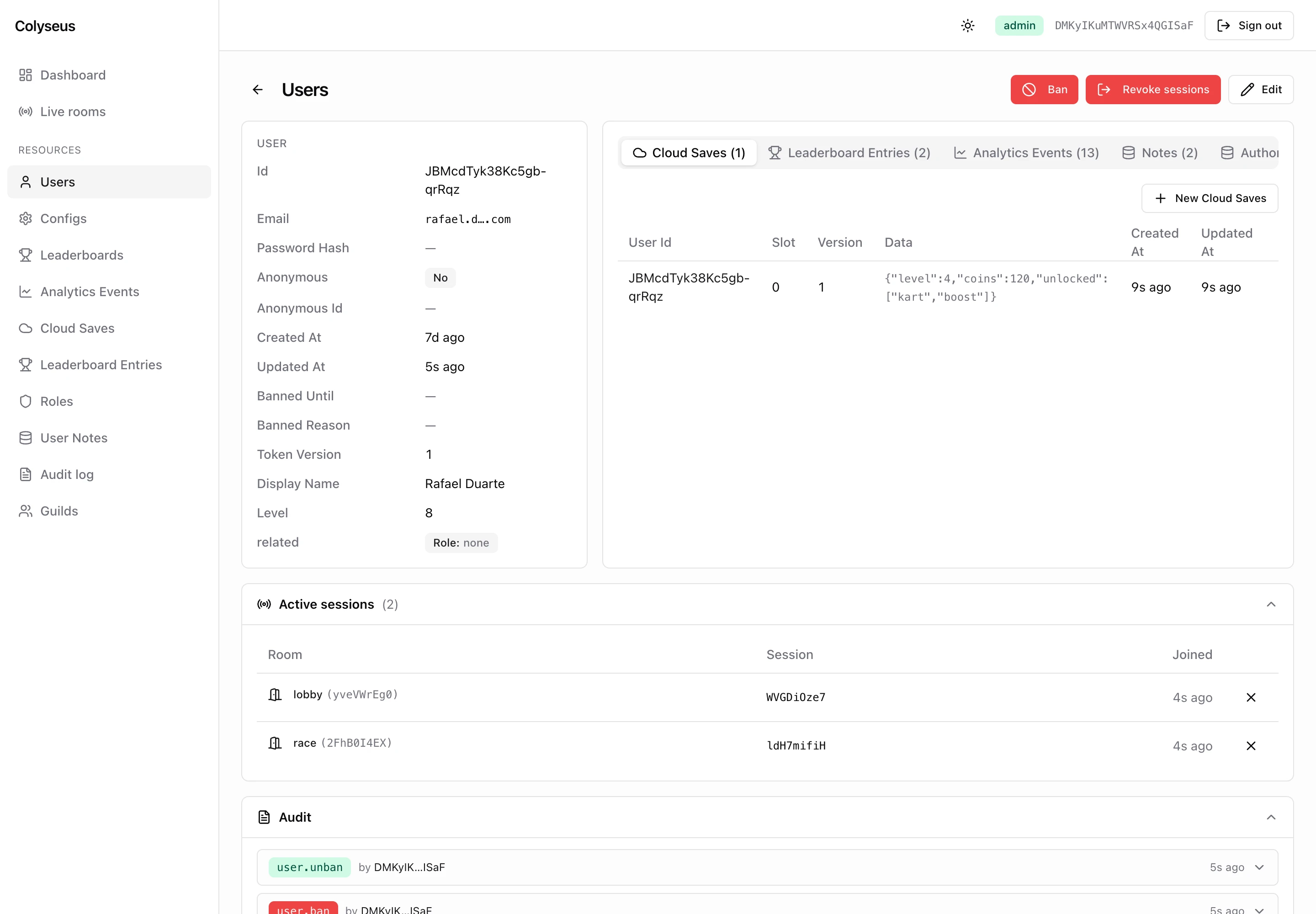 A user's detail page: columns, related-row tabs, the Active sessions list, and the per-user audit trail